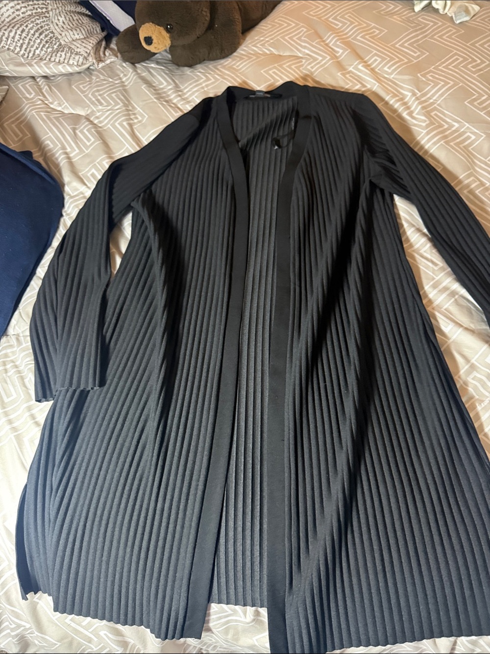 Marc New York Black Pleated Long-Sleeve Open Cardigan Dress